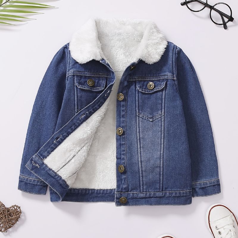 Baby Jenter Lapel Jakke Button Down Denim Frakk Plysj Varm Vinter For Gutter Barneklær