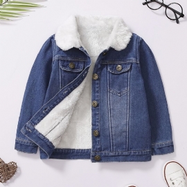 Baby Jenter Lapel Jakke Button Down Denim Frakk Plysj Varm Vinter For Gutter Barneklær