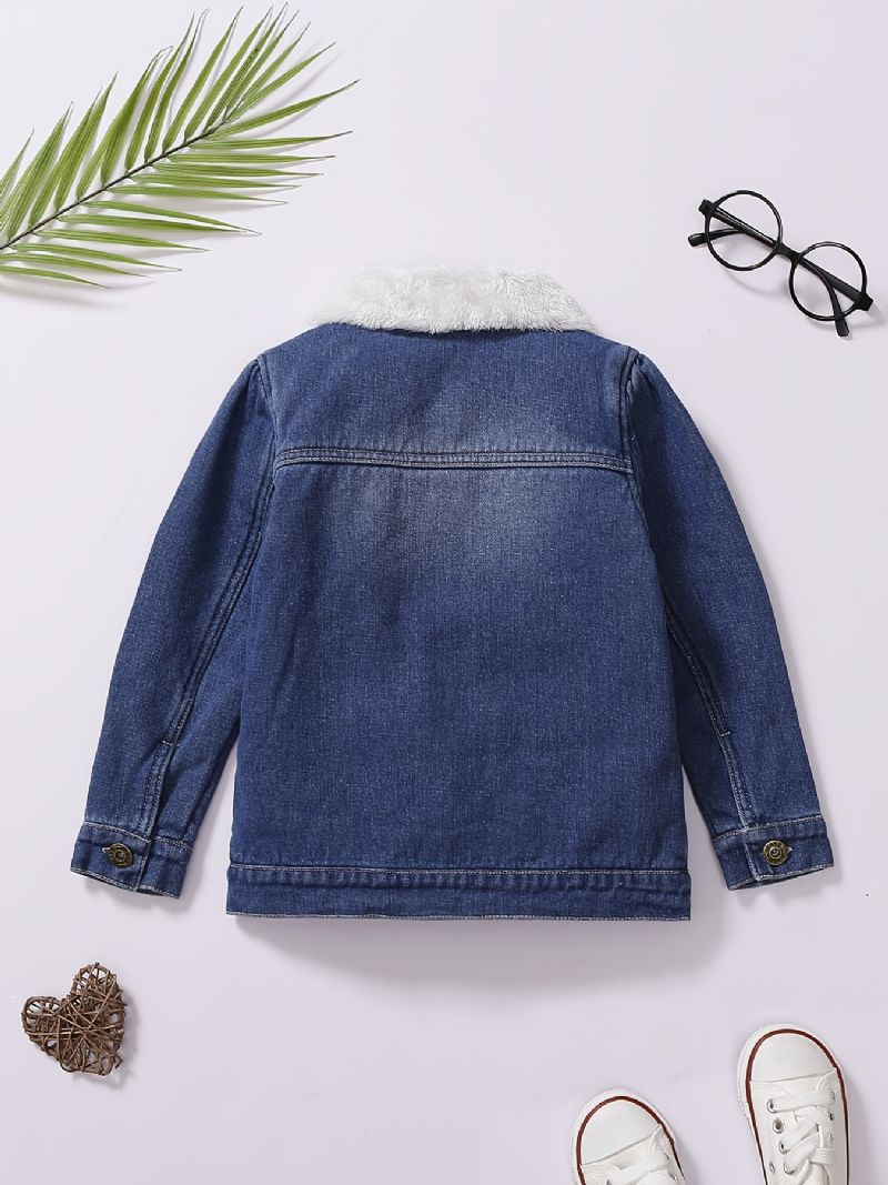 Baby Jenter Lapel Jakke Button Down Denim Frakk Plysj Varm Vinter For Gutter Barneklær