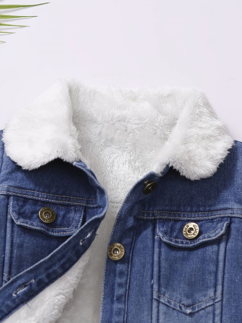 Baby Jenter Lapel Jakke Button Down Denim Frakk Plysj Varm Vinter For Gutter Barneklær