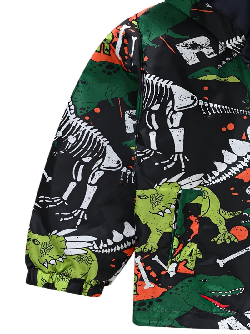 Gutter Tegneserie Dinosaur Print Glidelås Hettejakke Cardigan Krage Termisk Jakke Til Vinter