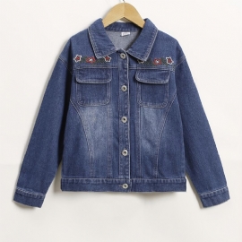 Høst Vinter Jenter Fasjonable Brodert Flower Lapel Denim Jacket