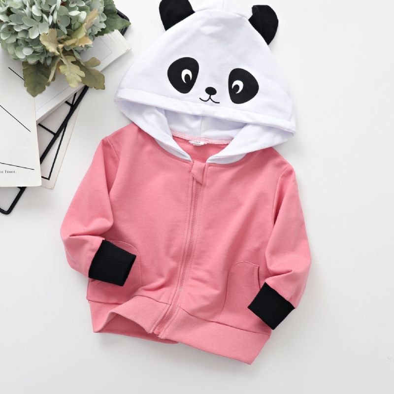 Jente Panda Print Zip Jacket Termisk Hettegenser For Barn