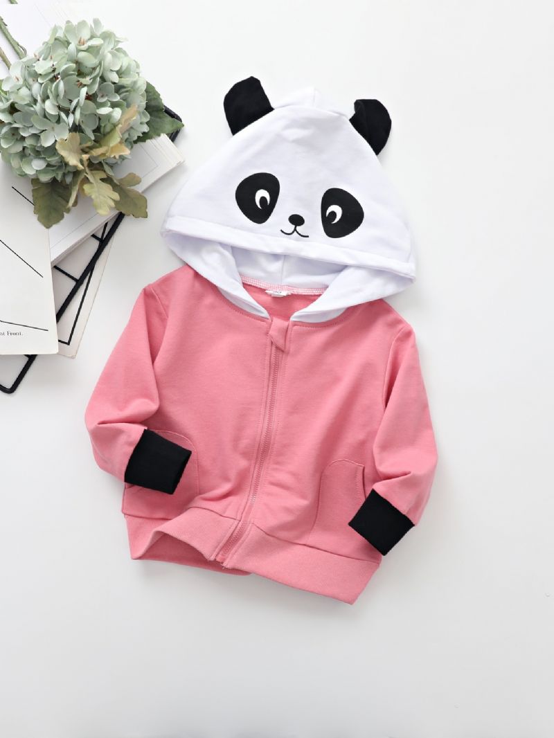 Jente Panda Print Zip Jacket Termisk Hettegenser For Barn