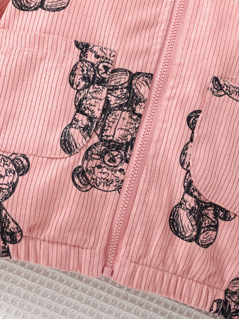 Jenter Bear Print Corduroy Hette Glidelås Jakke Frakk Barneklær Til Vinteren