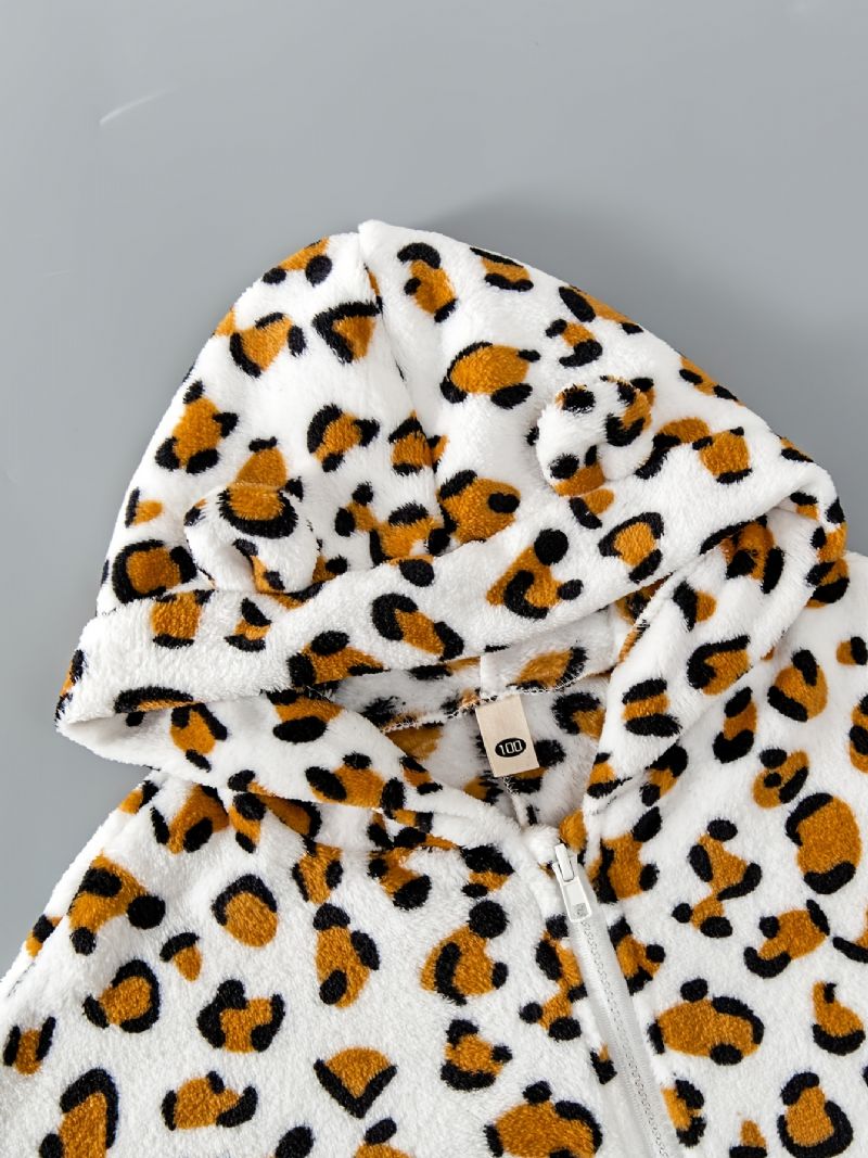 Jenter Leopardtrykk 3d-ører Design Flannelljakke Med Hetteflanelljakke Barneklær