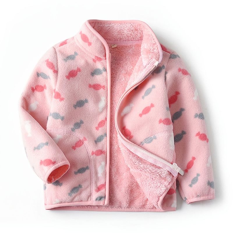 Jenter Ny Tykket Fleece Stativ Krage Jakke Med Candy Print Yttertøy Til Vinter Rosa