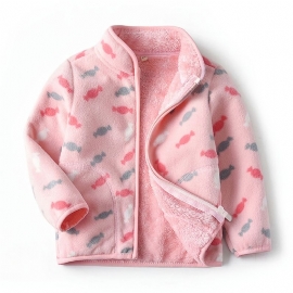 Jenter Ny Tykket Fleece Stativ Krage Jakke Med Candy Print Yttertøy Til Vinter Rosa