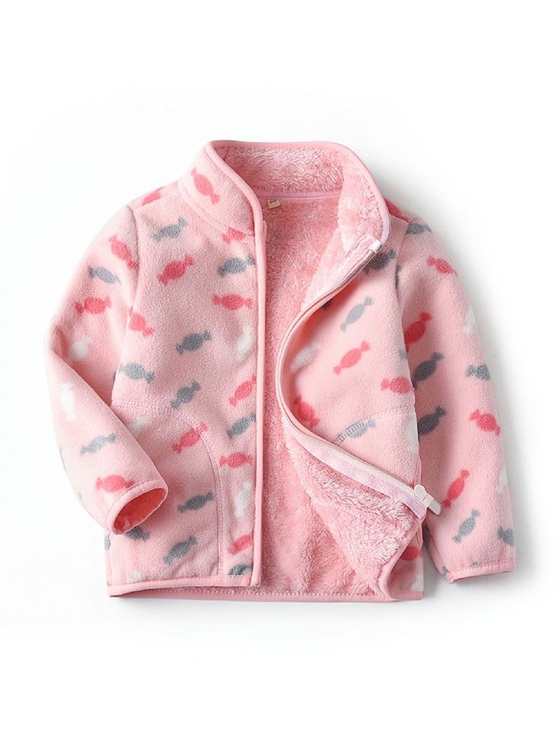 Jenter Ny Tykket Fleece Stativ Krage Jakke Med Candy Print Yttertøy Til Vinter Rosa