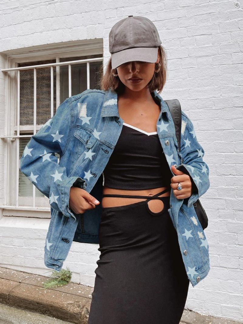 Kvinners Grafisk Trykk Drop Shoulder Casual Denimjakke Jente's New Fall Mote Denim Jacket