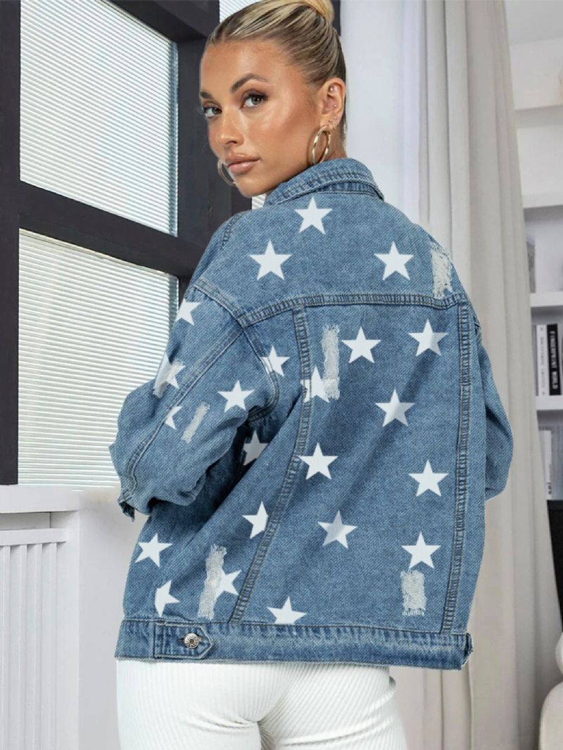 Kvinners Grafisk Trykk Drop Shoulder Casual Denimjakke Jente's New Fall Mote Denim Jacket