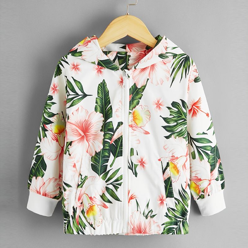 Småbarn Jenter Casual Flower Print Glidelås Hettejakke Med Lomme