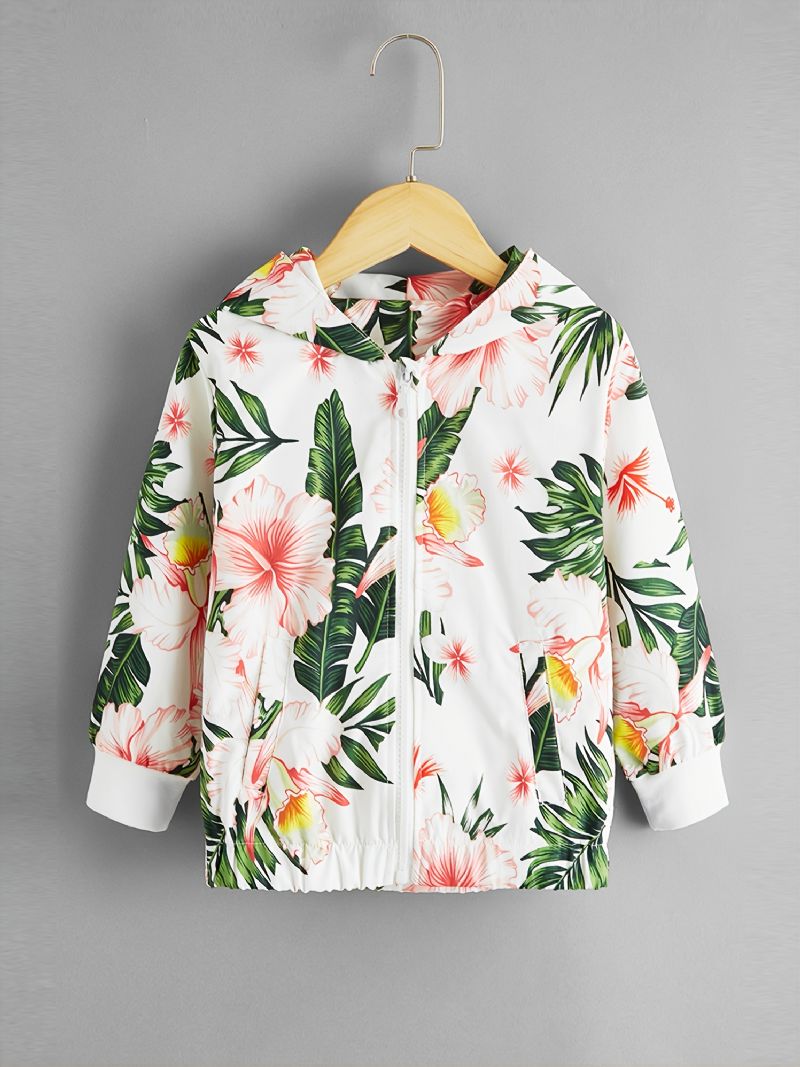 Småbarn Jenter Casual Flower Print Glidelås Hettejakke Med Lomme